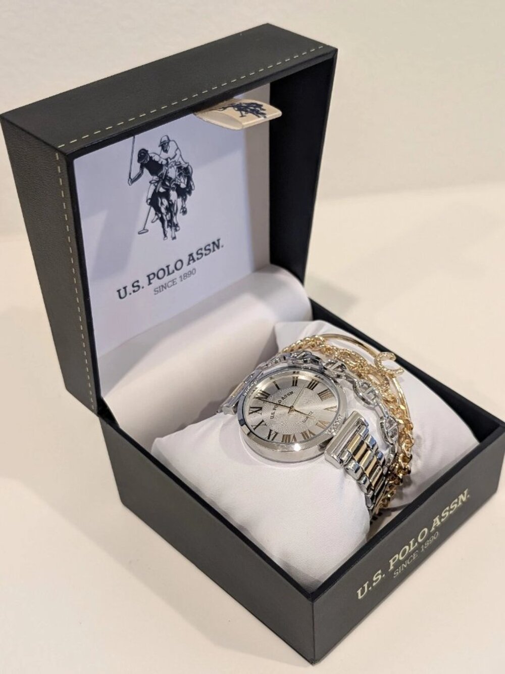 US Polo Assn Women's Watch and Bracelet Set | Two-Tone Silver Gold NIB